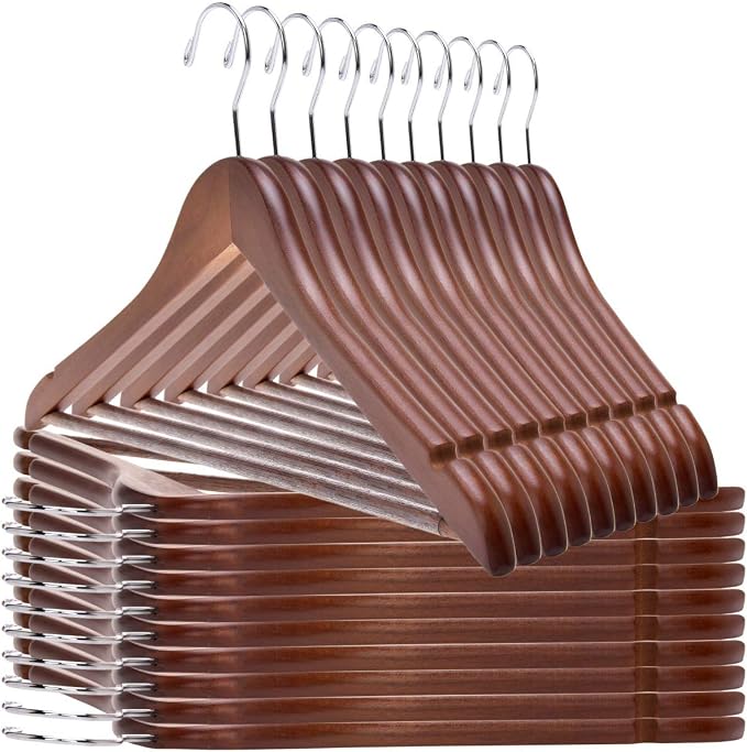 Quality Wooden Hangers - Slightly Curved Hanger 80 Pack Sets - Solid Wood Coat Hangers with Stylish Chrome Hooks - Heavy-Duty Clothes, Jacket, Shirt, Pants, Suit Hangers Walnut - Chrome Hook