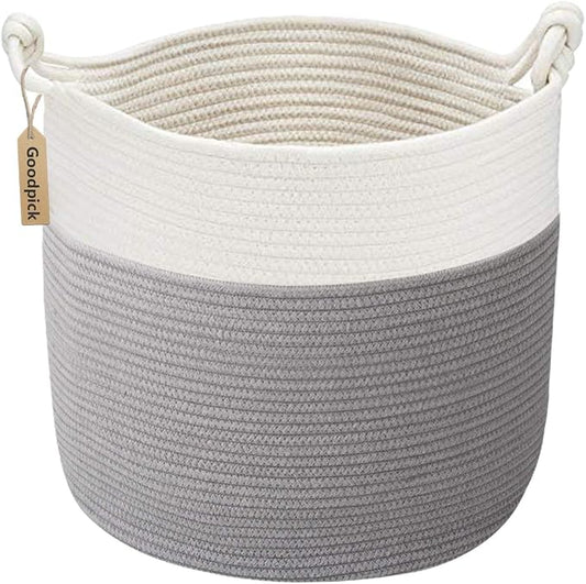 Goodpick Toy Basket for Kids, Woven Rope Blanket Basket for Living Room Nursery Baby Laundry Baskets for Organizing Clothes, Gray