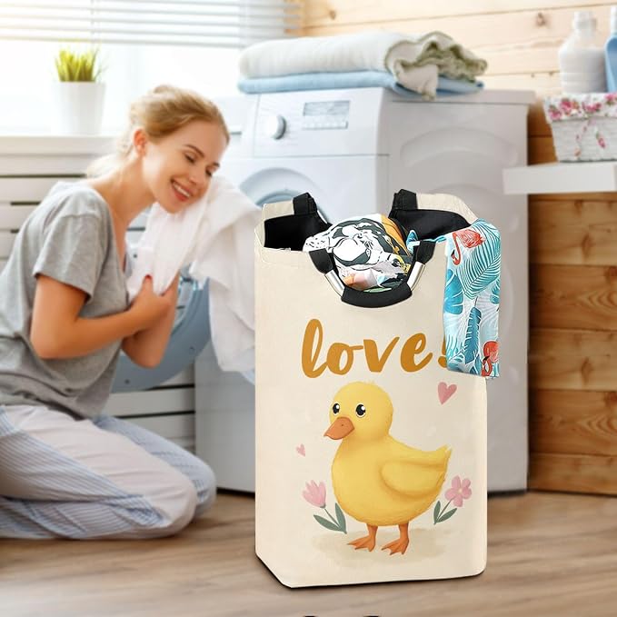 Yellow Duck with Pink Flowers Design Large Laundry Hamper Basket, Collapsible Laundry Bag Storage Bins Baskets with Handles for Laundry, Bedroom, Home Decor