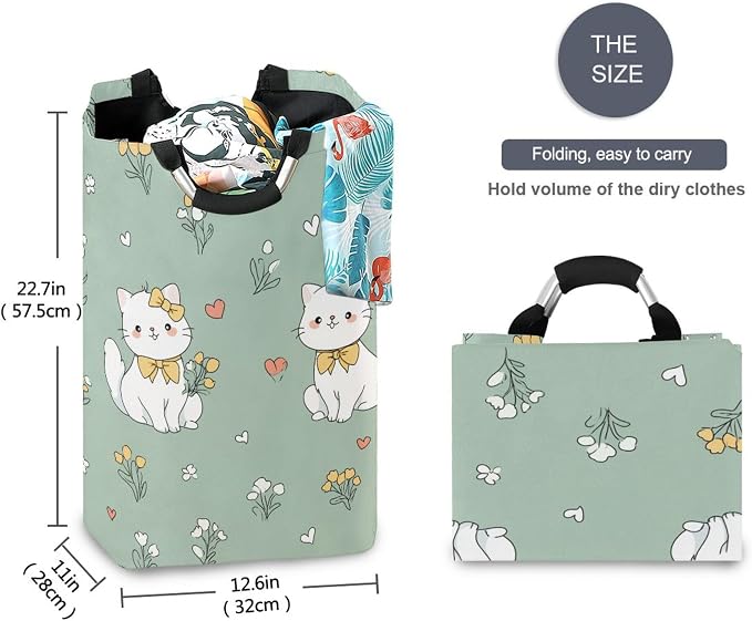 Cute White Cat with Yellow Flowers Large Laundry Hamper Basket, Collapsible Laundry Bag Storage Bins Baskets with Handles for Laundry, Bedroom, Home Decor