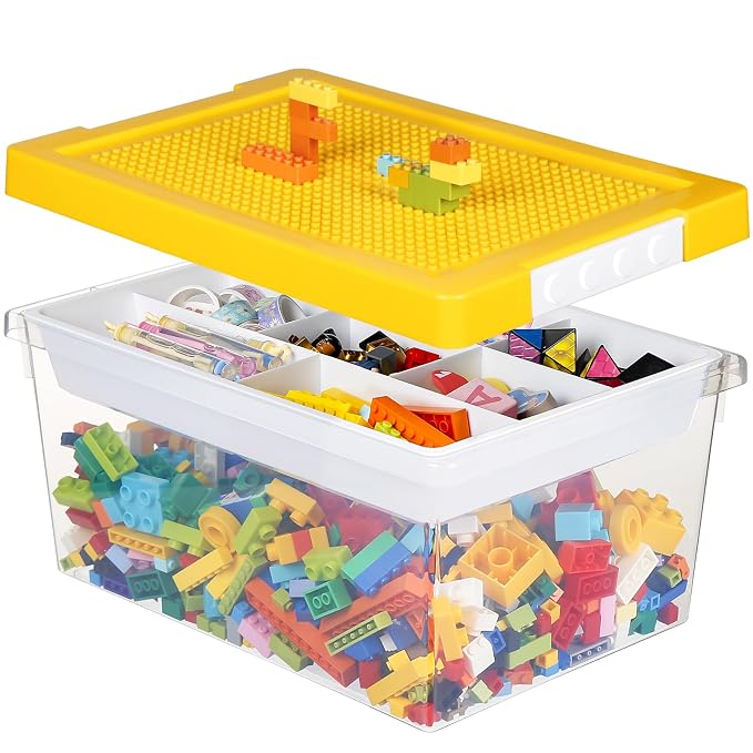Plastic Storage Bins with Lids - 1 Set Stackable Arts Crafts Organizer Box with Removable Divided Tray &Compatible Building Baseplate,Toy Chest Containers for Bricks-Yellow(14.37"x9.64"x6.69")