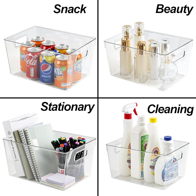 ZEXALOR 4pcs Clear Storage Bins Clear Storage Containers for Kitchen Pantry Organization, Organizing Bins with Built in Handles, Cabinet Organizers