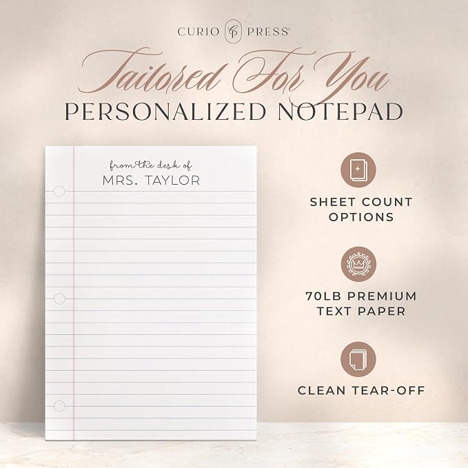 Curio Press Personalized Notepad 50 or 100 Sheets, Custom Stationery Note Pad 3 Sizes - To Do Lists End-of-Year Teacher Gifts Appreciation Note with Name Teacher Stationery Gifts - Notepaper Pad