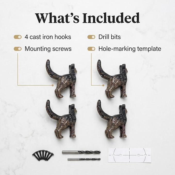Lulu Decor, Cast Iron German Shepard Dog Tail Hooks (4 Dog Tail Hooks)