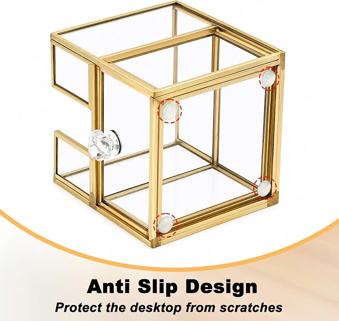 BTSKY Golden Glass 3x3 Inch Sticky Note Holder with Drawer, Elegant Post It Note Dispenser with Non-Slip Pads Clear Notepad Holder for Desk Organization Planning, Home Office Decor