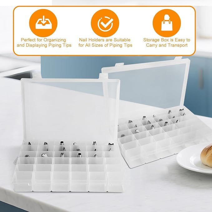 2 Pack Piping Tip Organizer Box, 36 Grids Storage Container with Adjustable Dividers, Made with Clear Plastics, Compartment Container for Cake Decorating Tools, Baking Tools, Jewelry, Beads and Crafts