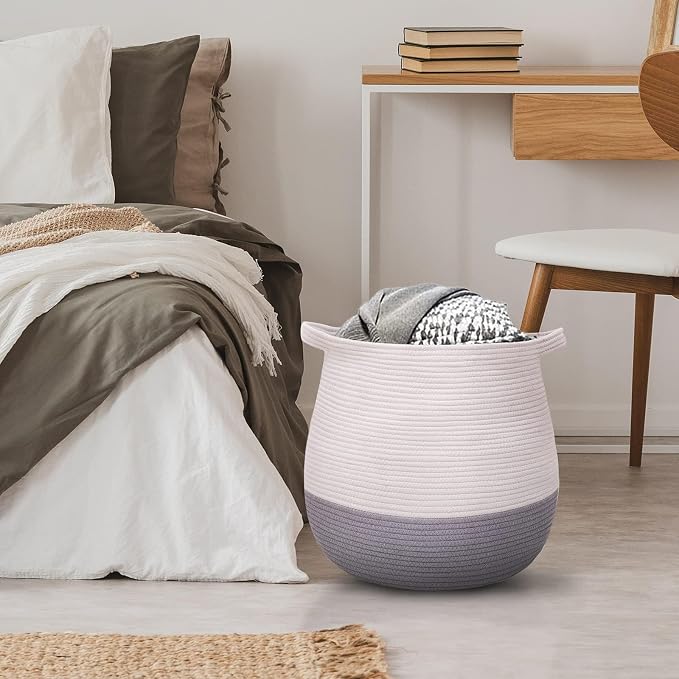 Large Cotton Rope Basket, Woven Storage Basket for Toy, Laundry and Blanket Organizer Basket, Round Hamper Basket with Handles for Kid's Room 17.7"x16.9"