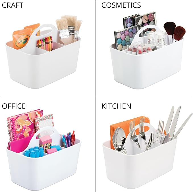 mDesign Plastic Portable Craft Storage Organizer Caddy Tote, Divided Basket Bin w/Handle - Craft, Sewing, Art Supplies - Holds Brushes, Colored Pencils - Lumiere Collection - White, 2 Pack
