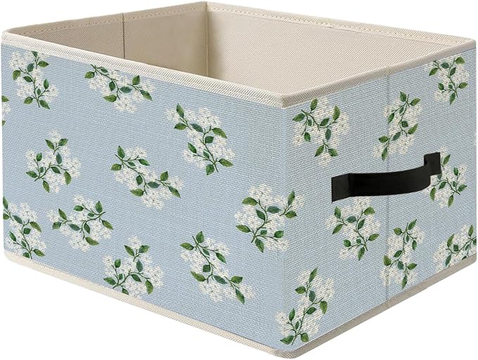 Blue and White Tiny Hydrangea Floral Storage Bin Box with Handles, Chinoiserie Grandmillennial Hydrangea Flower Foldable Organizer Basket Toybox for Girls Bedroom Bathroom Clothes Toys Books