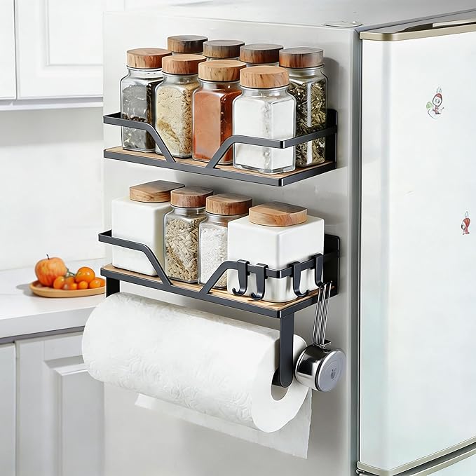 SUNTECH Magnetic Paper Towel Holder with Shelf, 2 Pack Kitchen Roll Holder with 4 Hooks, Farmhouse Spice Rack Organizer Strong Magnets for Fridge, Grill, Black