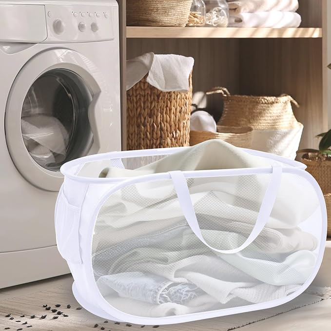 Pop Up Laundry Hamper,Collapsible Horizontal Baskets with Handles & Side Pocket,Foldable Sturdy mesh for Laundry Room,Bathroom,Kids Room,College Dorm or Travel (White)