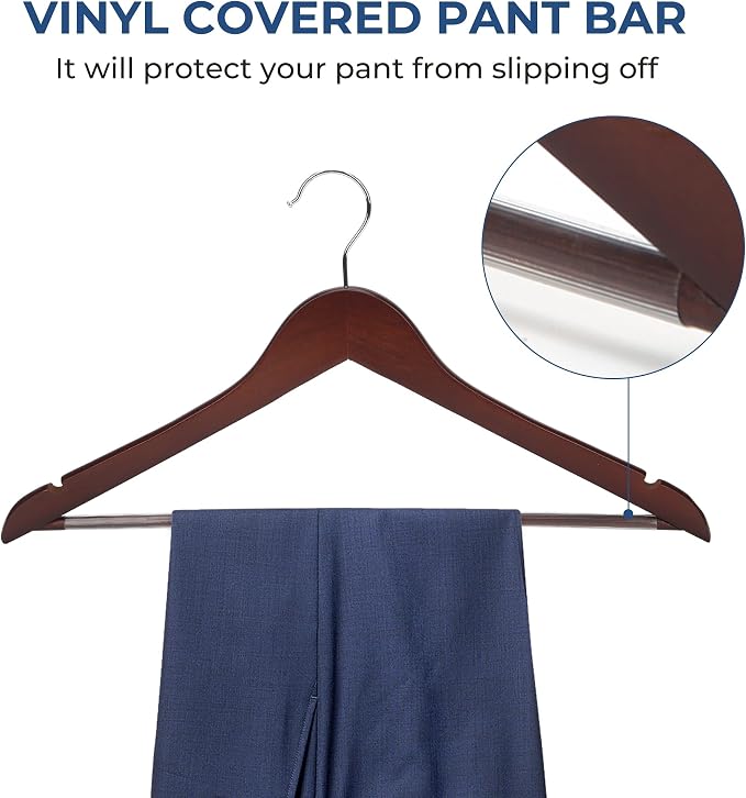 JS HANGER Wooden Coat Hangers, 20 Pack High Grade 17.5 Inch Wood Suit Hangers with Non Slip Pant Bar - Extra Smooth and Splinter Free Walnut Finish Wooden Suit Hangers for Closet Organization