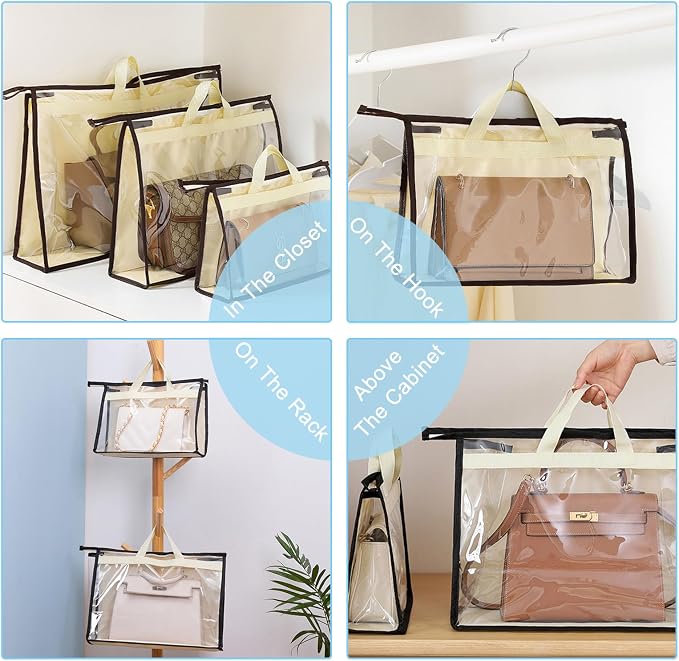 4 Pack Handbag Dust Bags Clear Purse Storage Organizer for Closet, Zipper Hanging Storage Bag for Handbags