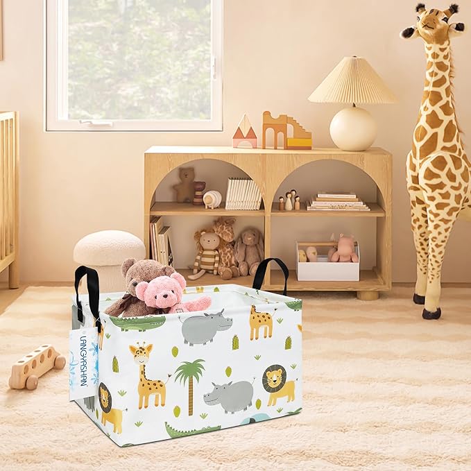 Rectangular Collapsible Animal Storage Basket Nursery Organizer | Storage Bin Foldable Canvas with Handles for Organizing Home Kitchen Children Toys Office Closet Shelf Baskets