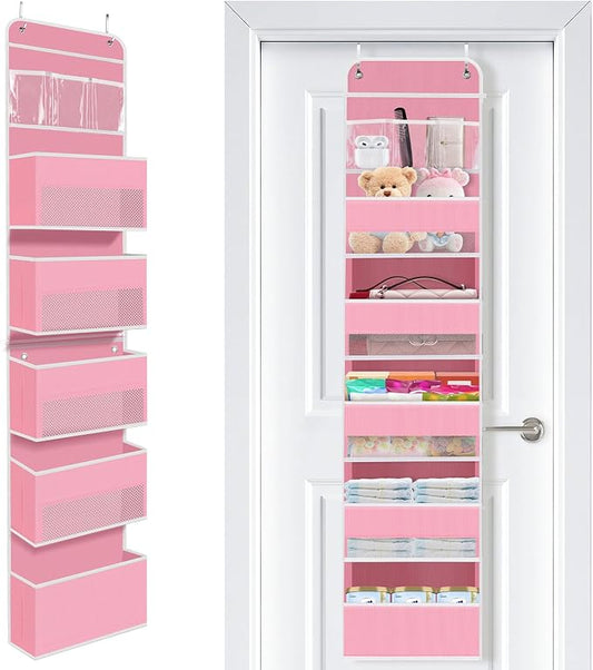 SpaceWhisper Over the Door Organizer, 6 Large Pocket Hanging Storage Organizer with 40lb Capacity, Space Saving for Nursery, Bathroom, Bedroom, Closet - Baby Essentials & Toiletry Organizer (Pink)