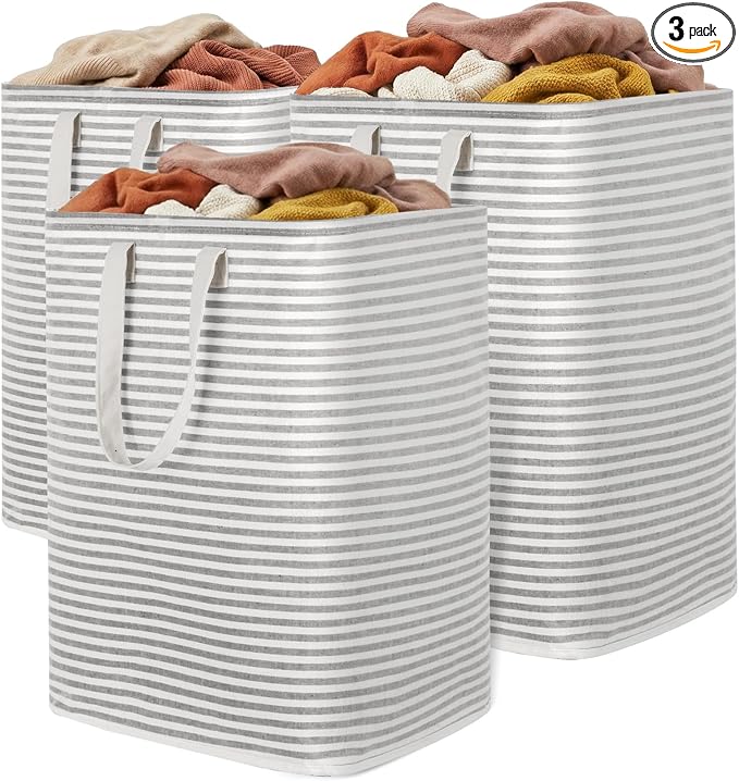 Lifewit 3 Pack Laundry Basket 90L Each, Collapsible Clothes Hamper with Reinforced Handles, Freestanding Waterproof Design for Bedroom and Laundry Room, Grey 270L Total