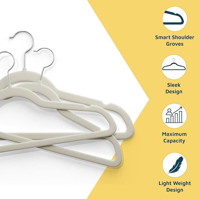 Lifemaster Velvet Clothes Hangers – With 360 Degree Swivel Hook and Non-Slip Shoulder Notch, Holds Up To 10 lbs, Heavy Duty Hanger Set, For Organizing Suit, Dress, Coat, and Clothes, Pack of 10, Ivory