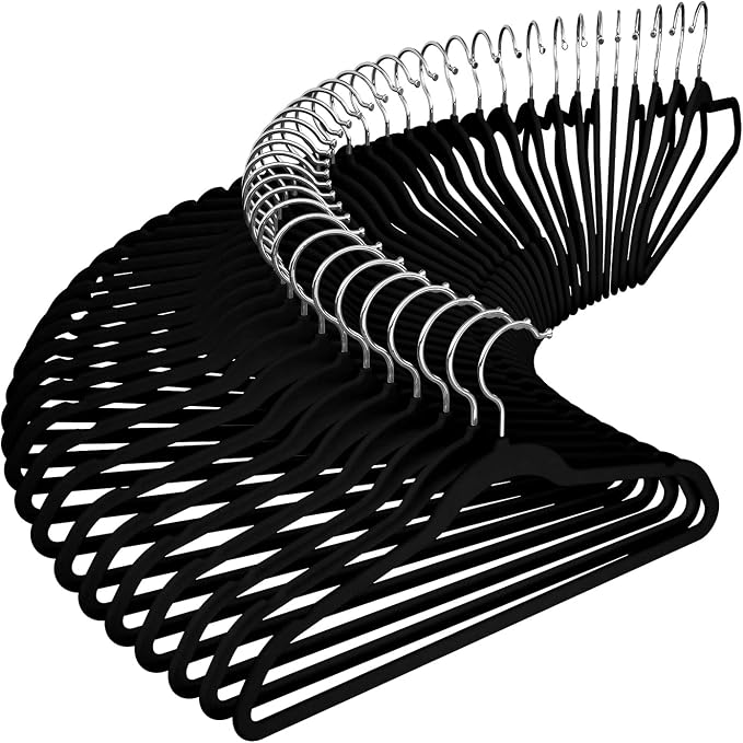Velvet Clothes Hangers (50 Pack) Heavy Duty Durable Suit Hanger Vibrant Color Hangers Lightweight Space Saving Coat Hangers for Closet -Black-Silver