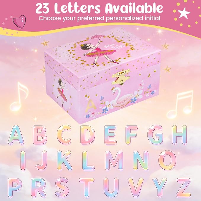 Personalized Initial A Musical Jewelry Box for Girls - Ballerina Music Box with Spinning Dancer, Includes Unicorn Necklace & Bracelet Set, Custom A Letter Keepsake for Kids Ages 3-10
