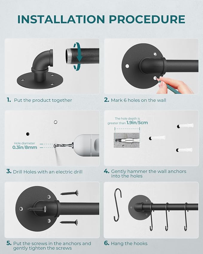 OROPY 21'' Pot Rack Wall Mounted, Iron Pipe Hanging Rack, 10 S Hooks, 2Pack | Industrial Utensils Kitchen Hanging Rail, Pot and Pan Organizer, Pot Lid Organizer, Black