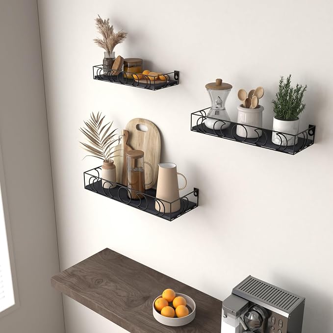 PHAREGE Moon Phase Floating Shelves Black Set of 3 | Small Decorative Wall Shelves for Book Plant Storage, Crystal Figurine Collectibles Display Shelf for Bedroom Kid Room