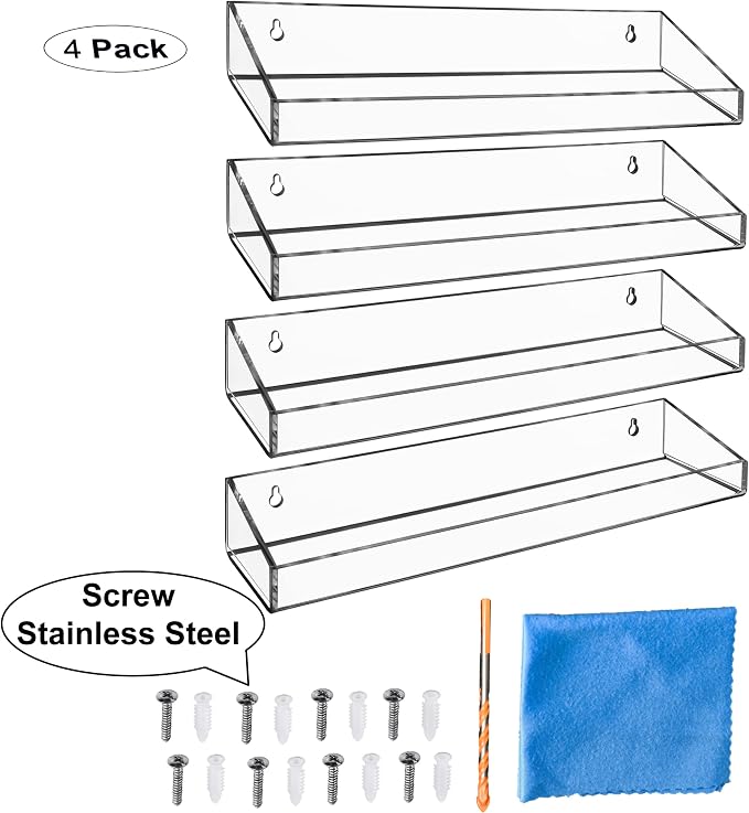 AMT 4 Pack Acrylic Floating Shelves, 15" L x 4" W, Clear Bathroom Wall Shelf, Bookshelves, Invisible Display for Office, Bedroom, Small Gap Allows Water to Escape, Free Screws & Drill Bit