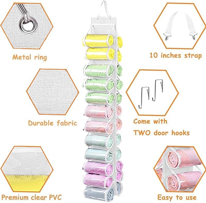 Legging Storage Bag Hanger - Can Hold 24 Leggings, Shirts or Jeans - Foldable Clothes Organizer, Portable Closet Roll Holder (White)