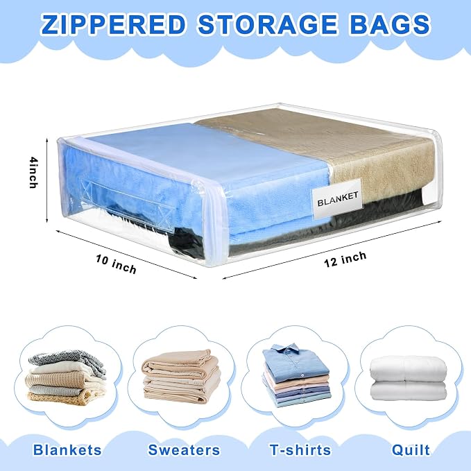 Kenning 20 Pcs Clear Zippered Storage Bags for Sheet Plastic Sweater Bag with Handle and Label Pocket Vinyl Stackable Closet Organizer Moving Bag for Bed Blanket Clothes Pillow(White,12 x 10 x 4 Inch)
