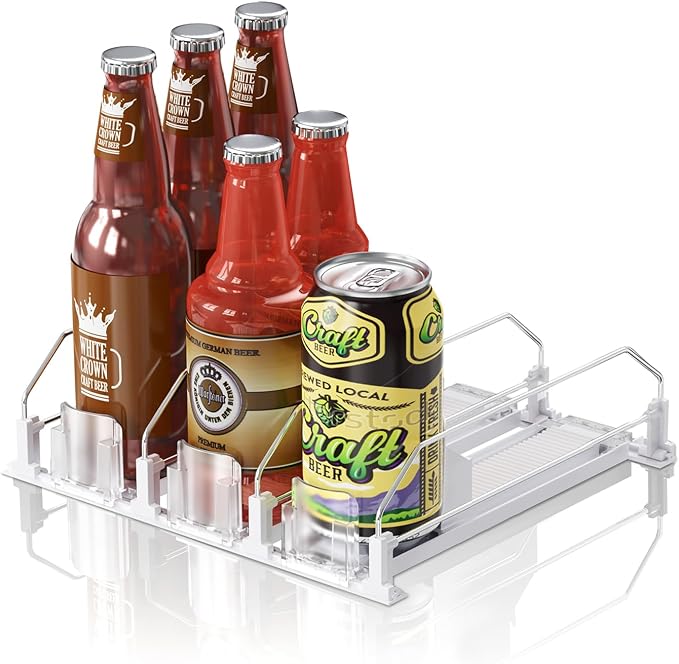 Drink Organizer for Fridge,12oz - Soda Can Dispenser for Refrigerator,Width Adjustable,Automatic Pusher Glide (White 10" D, 3ROWS)