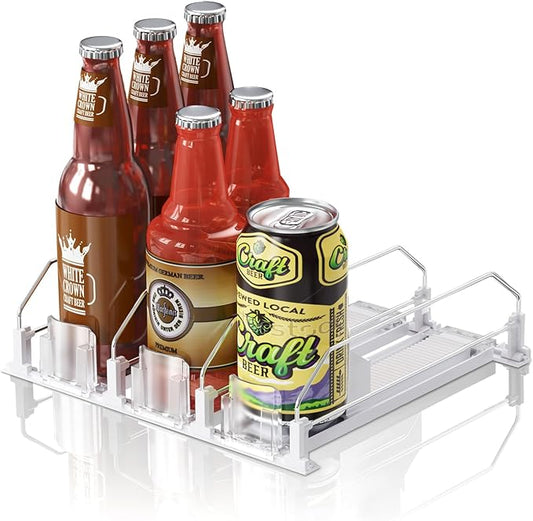 Drink Organizer for Fridge,12oz - Soda Can Dispenser for Refrigerator,Width Adjustable,Automatic Pusher Glide (White 10" D, 3ROWS)