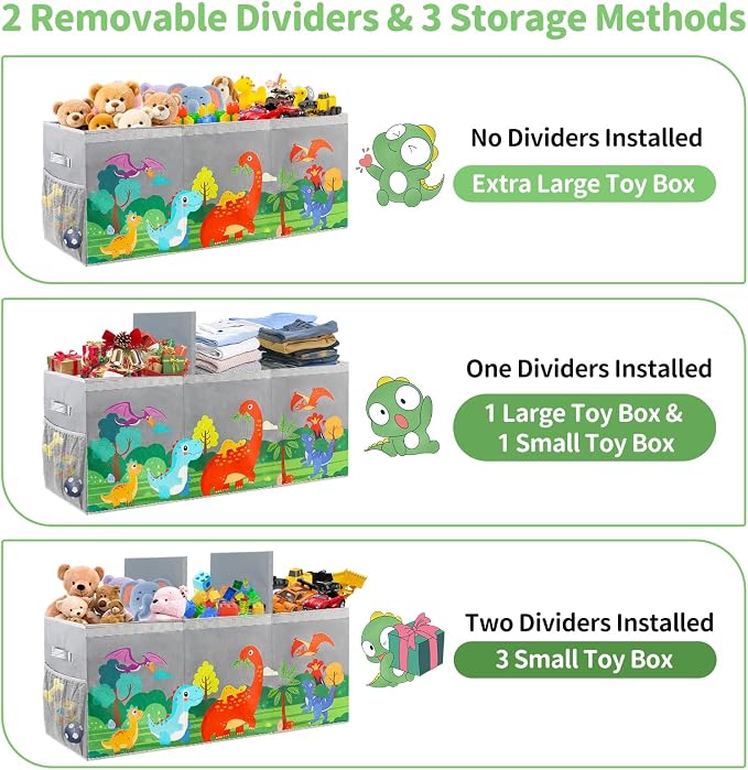 Extra Large Toy Box Chest with Lids Collapsible Storage Organizer for Kids | Dinosaur Toy Bin Box for Toddlers Boys Girls, Organizer for Living Room Nursery Playroom Bedroom Home Grey