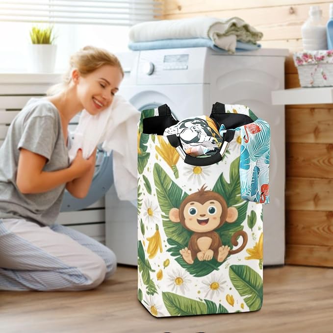Sunny Monkey with Daisies Large Laundry Hamper Basket, Collapsible Laundry Bag Storage Bins Baskets with Handles for Laundry, Bedroom, Home Decor