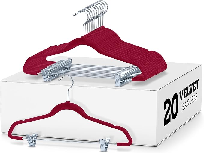 Zober Velvet Hangers with Clips - 20 Piece Set for Pants, Skirts, Suits, Dresses & Shirts - Notched Burgundy Velvet, Non Slip Felt, 360 Degree Hook