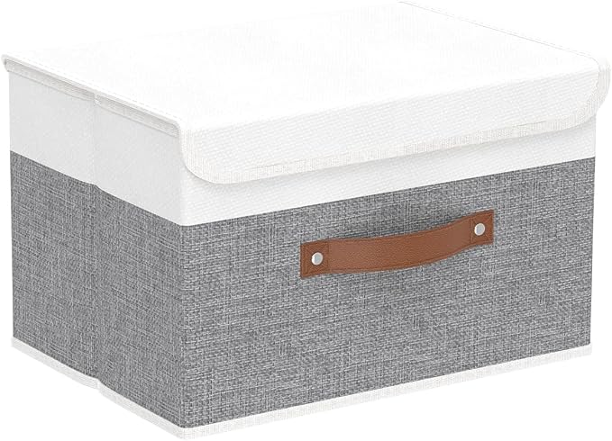 Yawinhe Collapsible Storage Bins, Decorative Storage Basket Boxes with Lids, Cube Closet Organizer Basket with Handles for Home Decor, Storage Containers for Organizing,Grey and White, SNK024WGN-1