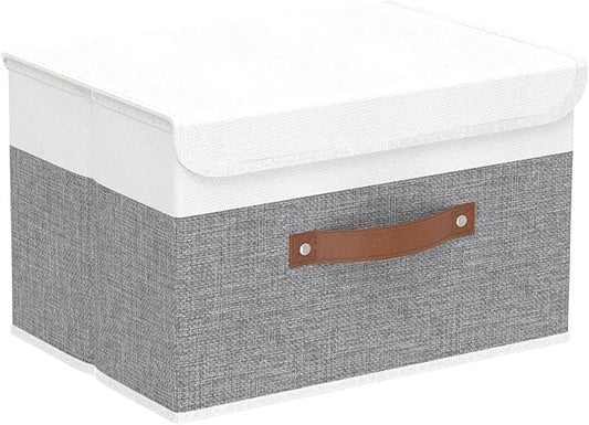 Yawinhe Collapsible Storage Bins, Decorative Storage Basket Boxes with Lids, Cube Closet Organizer Basket with Handles for Home Decor, Storage Containers for Organizing,Grey and White, SNK024WGN-1