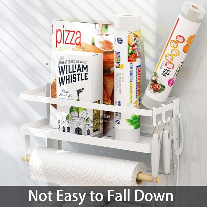 EASTTOWEST Magnetic Spice Rack,4 Tier Kitchen Magnetic Shelf for Refrigerator with 2 Paper Towel Holders and 5 Removable Hooks,Matte White