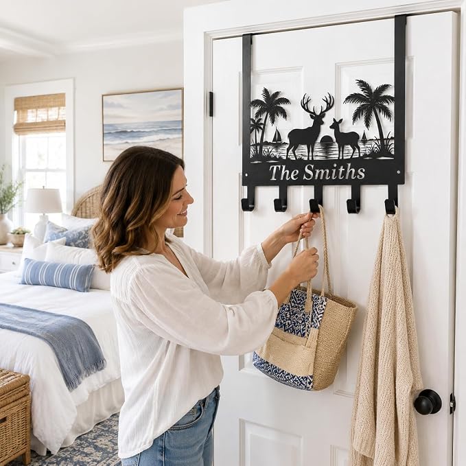 Personalized Over The Door Key Holder with Hooks, Custom Family Name Metal Door Hanger, Beach Deer Wall Hook Rack for Entryway Bedroom Bathroom, Housewarming Gift for New Homeowners