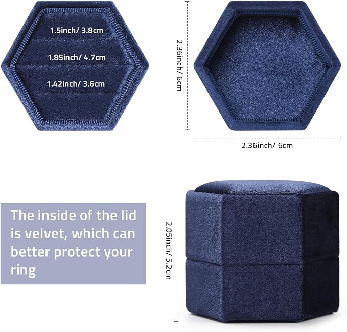 WantGor Velvet Jewelry Ring Box, 3 Slots Hexagon Ring Gift Box Ring Holder | Vintage Ring Display Case for Wedding Ceremony Proposal Engagement (Navy Blue, 3 Slots)