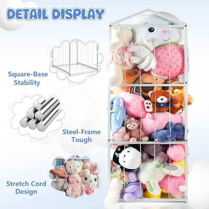 NomNest Stuffed Animal Storage Zoo, Large Metal Plushies Organizer, Heavy Duty Metal Teddy Bear Toy Holder for Kids' Bedroom & Playroom & Nursery (Non-Wheeled, White)