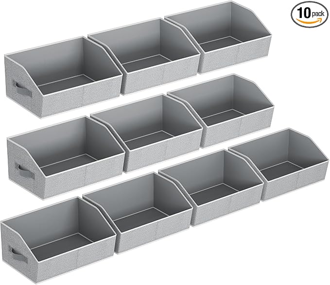 Homsorout Closet Baskets for Shelves Trapezoid - Decorative Storage Baskets with Handle, Closet Bins for Organization, Shelf Storage Bins for Clothes, Books, Home, Office, 10 Pack, Light Gray