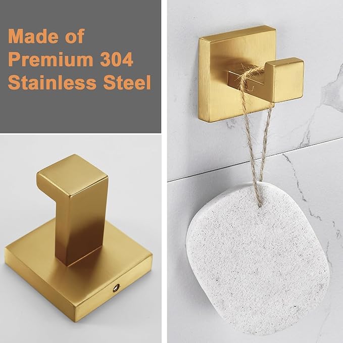 Nolimas Towel Hook Stainless Steel Bathroom Rustproof Clothes Towel Coat Hook Wall Mounted Square Toilet Kitchen, Heavy Duty Door Hanger, 1 Pack, Brushed Gold