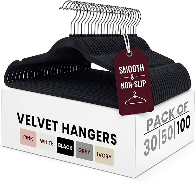 LDC Black Velvet Hangers 100 Pack - Premium Non-Slip Clothes Coat Pants Felt Hanger for Closet - Heavy Duty Space Saving 360° Swivel Hook Hangars – Black