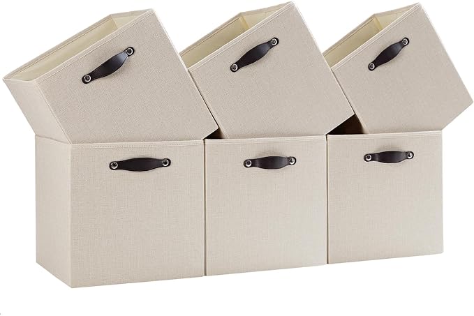 Cube Storage Bins | 11.8"x11.8"x11.8", Beige, 6 Pack | Multi-Size | 2X Thick Support Board | Vegan Leather Handles | 7.7 oz/yd² Fabric | 12"x12" Drawer Insert Basket