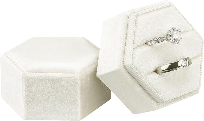 DesignSter Velvet Jewelry Ring Box,2 Slots Jewelry Ring Gift Box Vintage Ring Display Holder with Detachable Lid for Proposal, Engagement, Wedding, Ceremony(Beige)