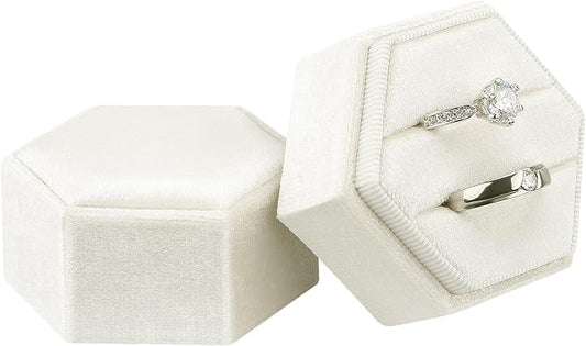 DesignSter Velvet Jewelry Ring Box,2 Slots Jewelry Ring Gift Box Vintage Ring Display Holder with Detachable Lid for Proposal, Engagement, Wedding, Ceremony(Beige)