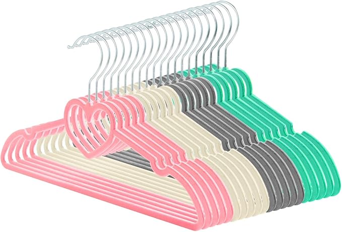 Velvet Hangers 20 Pack,16 Inch Non Slip Heart Hanger (Mix Color) | 360° Swivel Hooks, Cascade Design, Space Saving