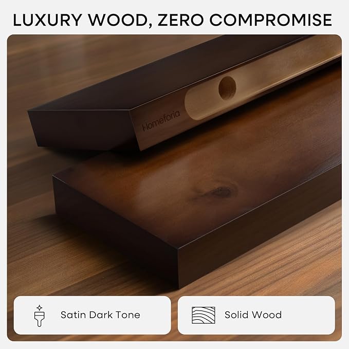 Homeforia 30inch Walnut Floating Shelves for Wall Mounted, High End Solid Real Wood 30 in Floating Shelf, Dark Brown Wooden 30 inch Long Floating Shelves, Heavy Duty Bracket, 30 X 6.5 X 1.75, Set of 3