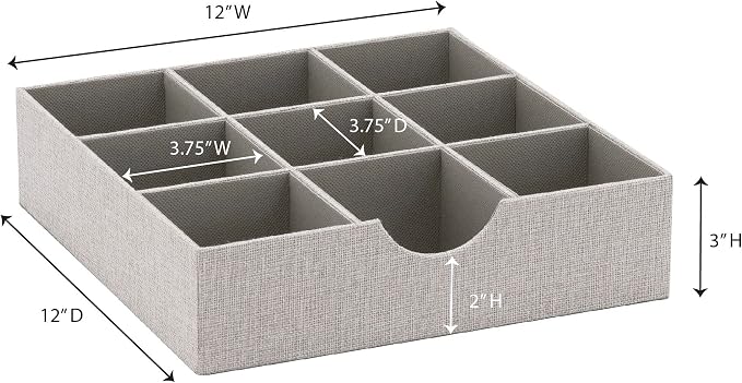 Household Essentials Drawer Organizer Tray with Fabric Cover and 9 Square Compartments, Gray, Set of 2