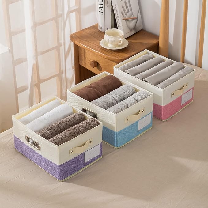 PRANDOM Large Collapsible Storage Baskets for Closet [3-pack] Decorative Fabric Storage Bins Cubes with Leather/Metal Handles for Shelves Bedroom Living Room Pink&Cream (14.9x9.8x8.3 Inch)