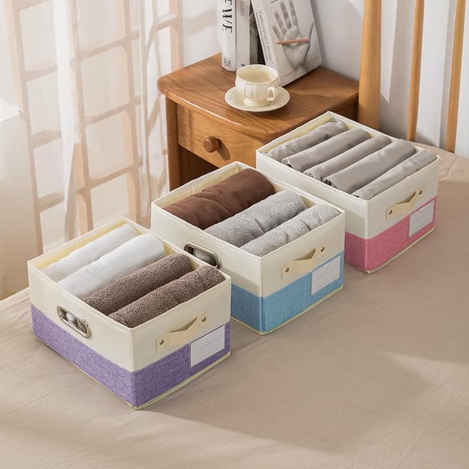 PRANDOM Large Fodable Storage Bins for Closet [3-pack] Decorative Fabric Storage Baskets Cubes with Leather/Metal Handles for Shelves Bedroom Living Room Purple&Cream (14.9x9.8x8.3 Inch)